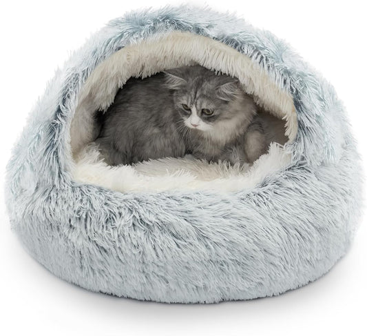 CATISM Cozy Plush Hooded Cat Bed, Indoor/Outdoor, Self-Warming Cave, Removable Washable Non-Slip Bottom