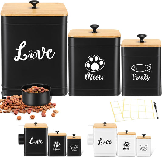 Metal Airtight Cat Food Containers Set of 3 with Bamboo Lids and Spoon 7+3+2 Lbs Cat Treat Storage Container Countertop with DIY Labels Pet Cookie Organizer Jars for Kitchen Counter(Black)