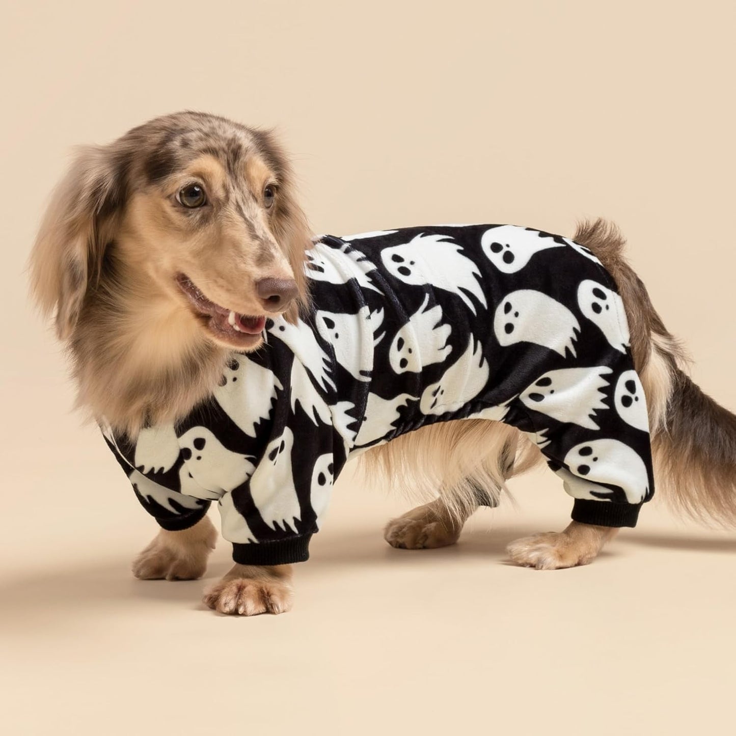 Fitwarm Halloween Ghost Dog Pajamas, Funny Halloween Costumes for Dogs, Fleece Dog Onesie with Feet, Doggy Clothes for Small Dogs Boy Girl, Pet Apparel, Black, White, Large