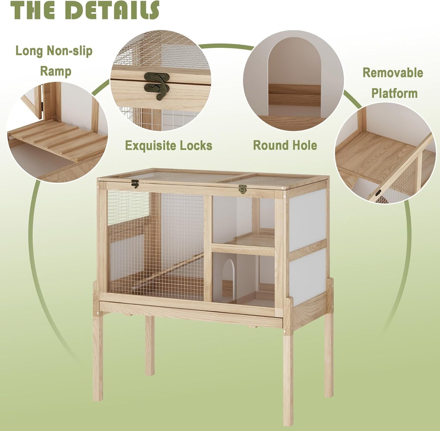 Guinea Pig House for 2 with Stand, Small Animals Rabbit Cages with a Pull Out Tray, Wooden 2-Story Indoor Large Hamster Habitat Playpen with Ramp, Hideout, Platform