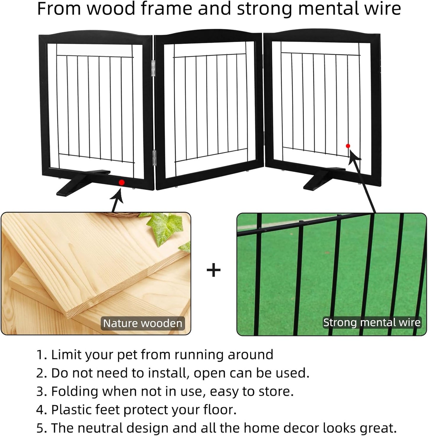 ZJSF Freestanding Dog Fence Indoor, Foldable Dog Gate for Doorways, Stairs or Hallways, Sturdy Wood Extra Wide Pet Gate with Support Feet for The House, Black, 24 "Height-3 Panels