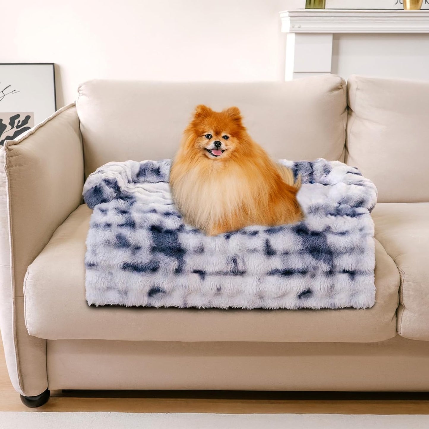 FUNNY FUZZY Pet Fluffy Fuzzy Couch Cover, Calming Washable Dog Bed Sofa Protector Pets Mat for Small Dogs and Cats (Tie-dye Blue,27.56 × 24.02 × 5.51 in)
