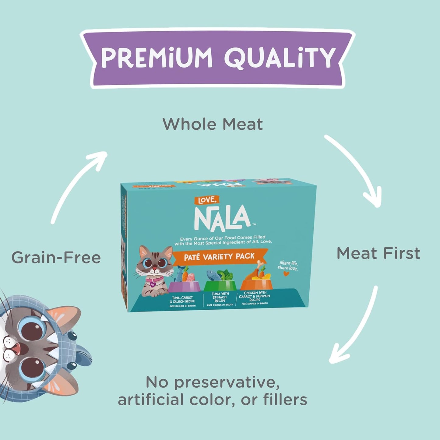 LOVE, NALA - Natural Adult Cat Wet Food - Pate Variety Pack - Tuna, Chicken, Mackerel - Grain Free, Non-GMO, Fiber Blend, Minerals, Vitamins - 12 Pack 2.1 lbs.