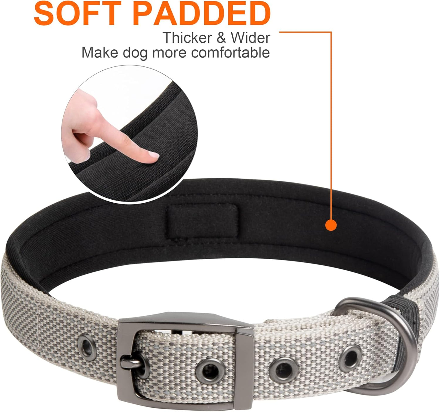 Fida Heavy Duty Dog Collar, Ultra Comfortable Soft Neoprene Padded, Adjustable Reflective Nylon Pet Collar with Durable Metal Belt Buckle for Large Breeds (L, Grey)