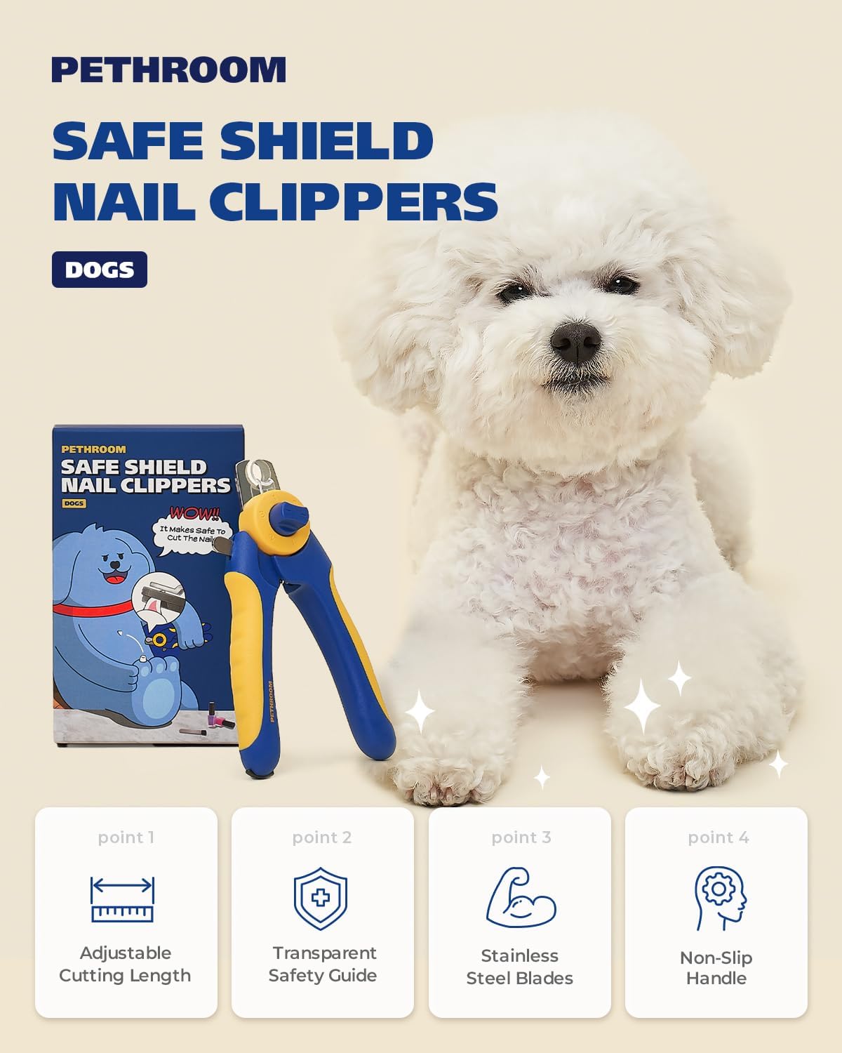 PETHROOM] Professional Dog Nail Clipper with Transparent Guard & Nail File | Adjustable Cutting Length (1-3mm) Sturdy, Durable Stainless Steel Blade | Nail Trimmer for Pets Avoid Overcutting