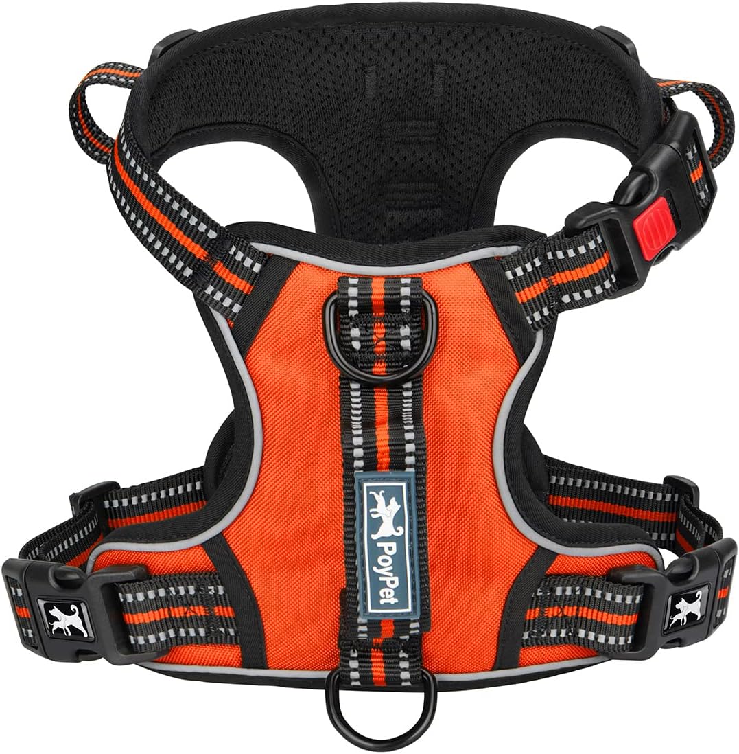 PoyPet No Pull Dog Harness, No Choke Front Clip Reflective Dog Vest with Soft Padded Vertical Handle, 3 Leash Attachments for Small Medium Large Dogs (Orange,L)