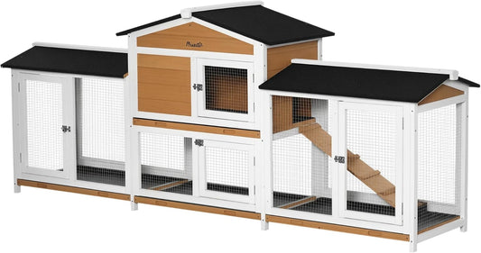 PawHut 90.5" Wooden Rabbit Hutch Bunny Cage Pet Playpen House Enclosure with Double Side Run Boxes, No Leak Tray, Ramp, for Rabbits, Chickens, Ducks, Guinea Pig and Small Animals, White