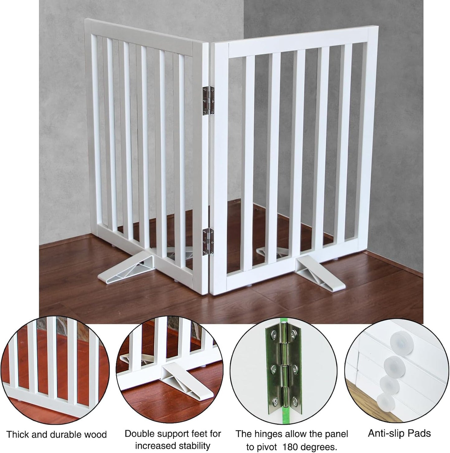 ZJSF Freestanding Indoor Dog Gate for House Foldable Wood White Puppy Gate for Doorways Pet Gate for Stairs Extra Wide Pet Fence 24" Height 2 Panels