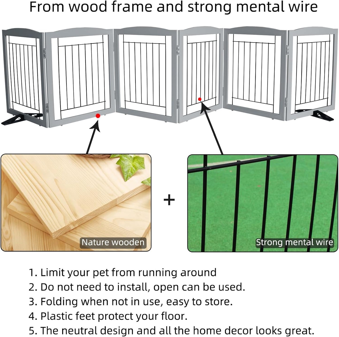 ZJSF Freestanding Dog Fence Indoor, Foldable Dog Gate for Doorways, Stairs or Hallways, Sturdy Wood Extra Wide Pet Gate with Support Feet for The House, Grey, 32 "Height-6 Panels