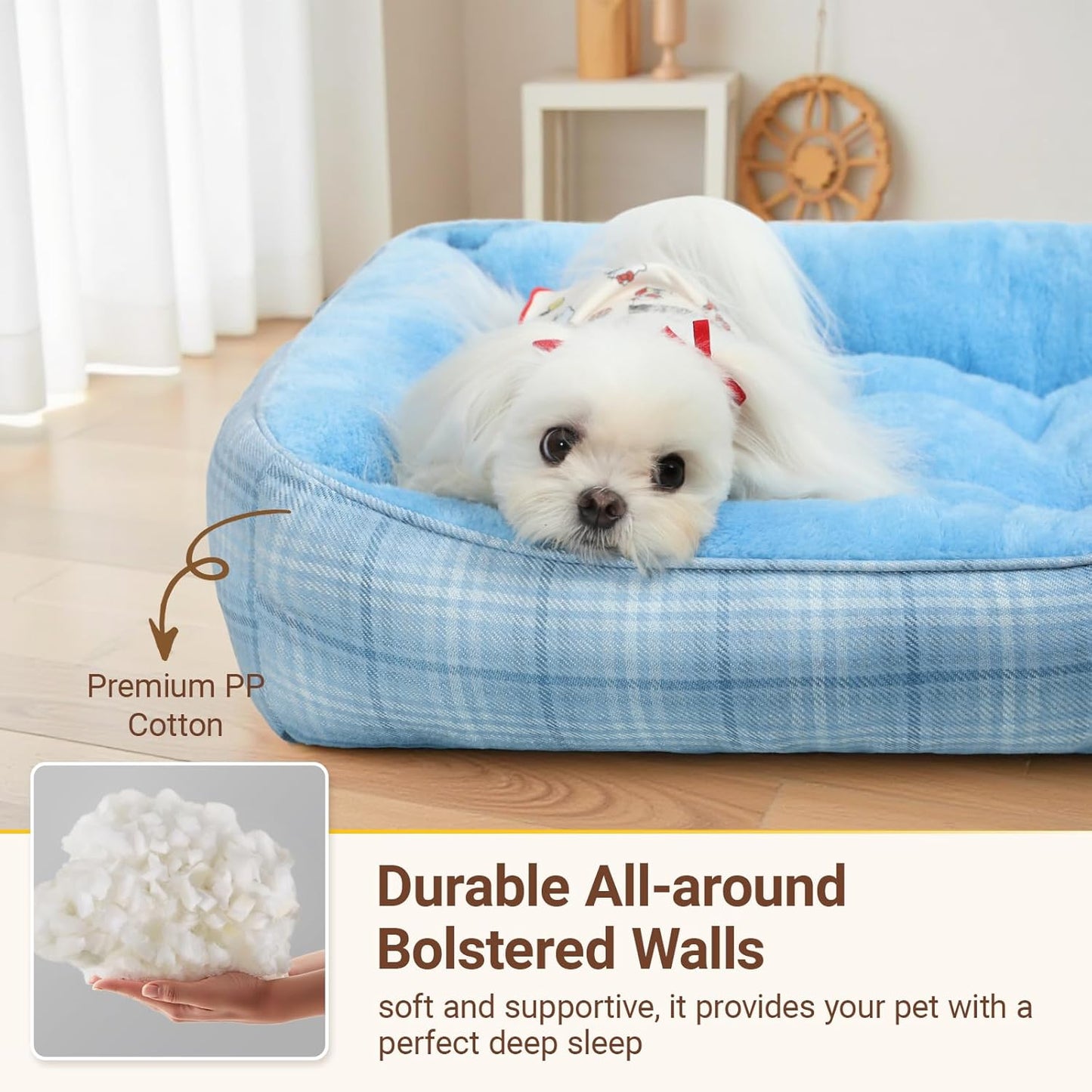 MIHIKK Rectangle Dog Beds for Small Dogs & Cats, Orthopedic Sleeping Pet Bed for Couch with Durable Puppy Cuddler and Anti-Slip Bottom Machine Washable 20 * 18 Inch (Blue)