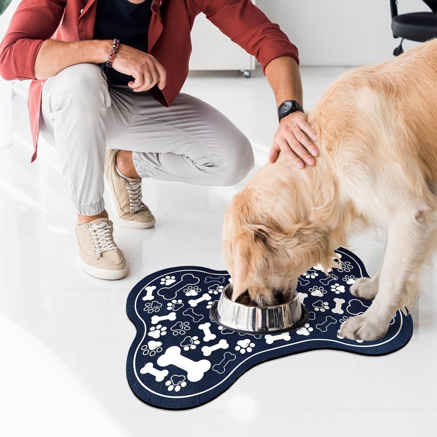 Dog & Cat Food Mat Bone Shaped Pet Feeding Mat Quick Absorb Water Bowl Placemat with Rubber Backing Indoor Floor Stain Resistant Pet Accessory Supplies (Blue, 16x24 Inches)