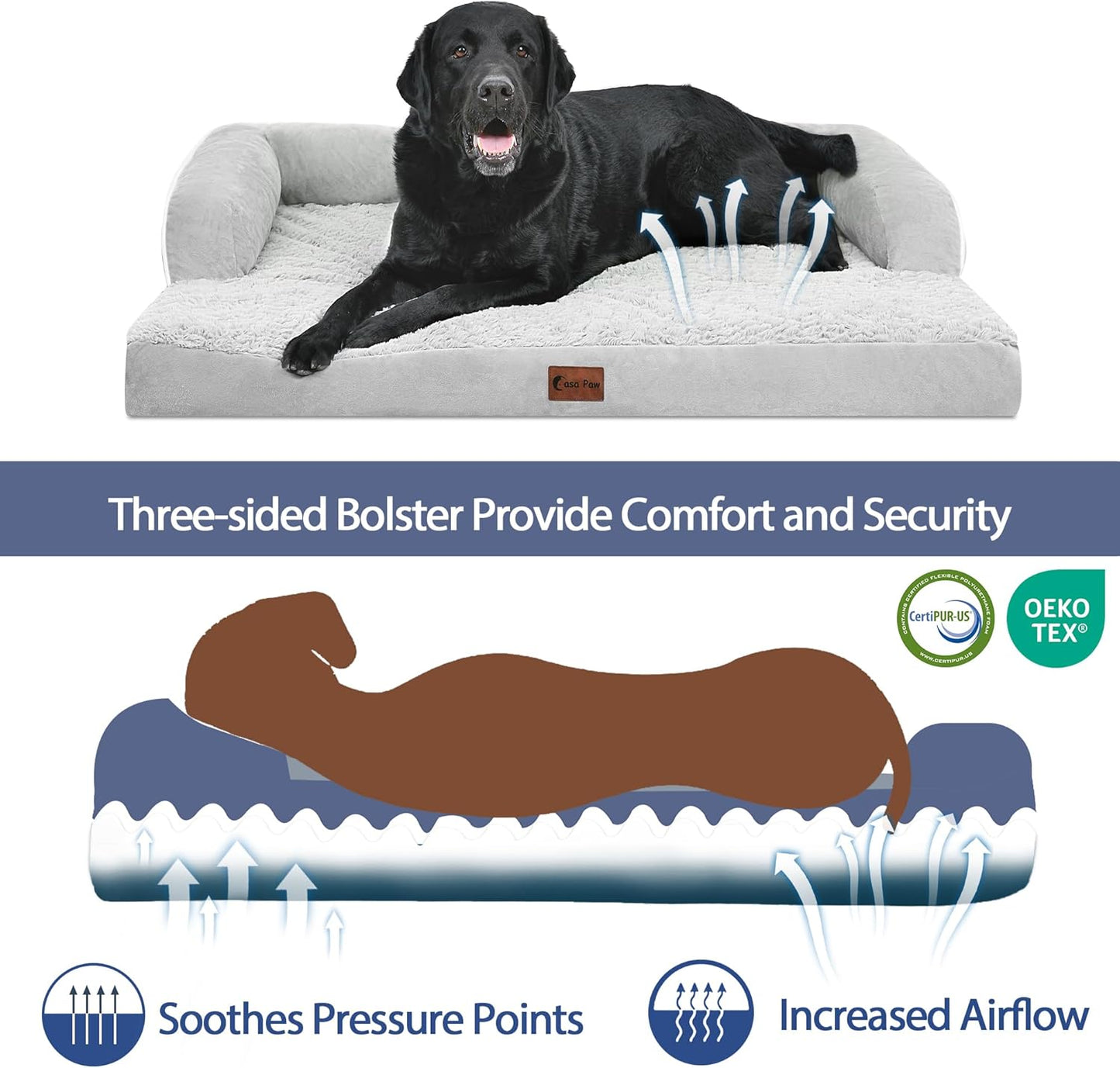 Orthopedic Dog Beds for Extra Large Dogs, Waterproof Dog Beds XLarge, Memory Foam Dogs Couch Beds with Comfy Bolster, Removable Washable Cover and Nonskid Bottom (X-Large,Grey White)