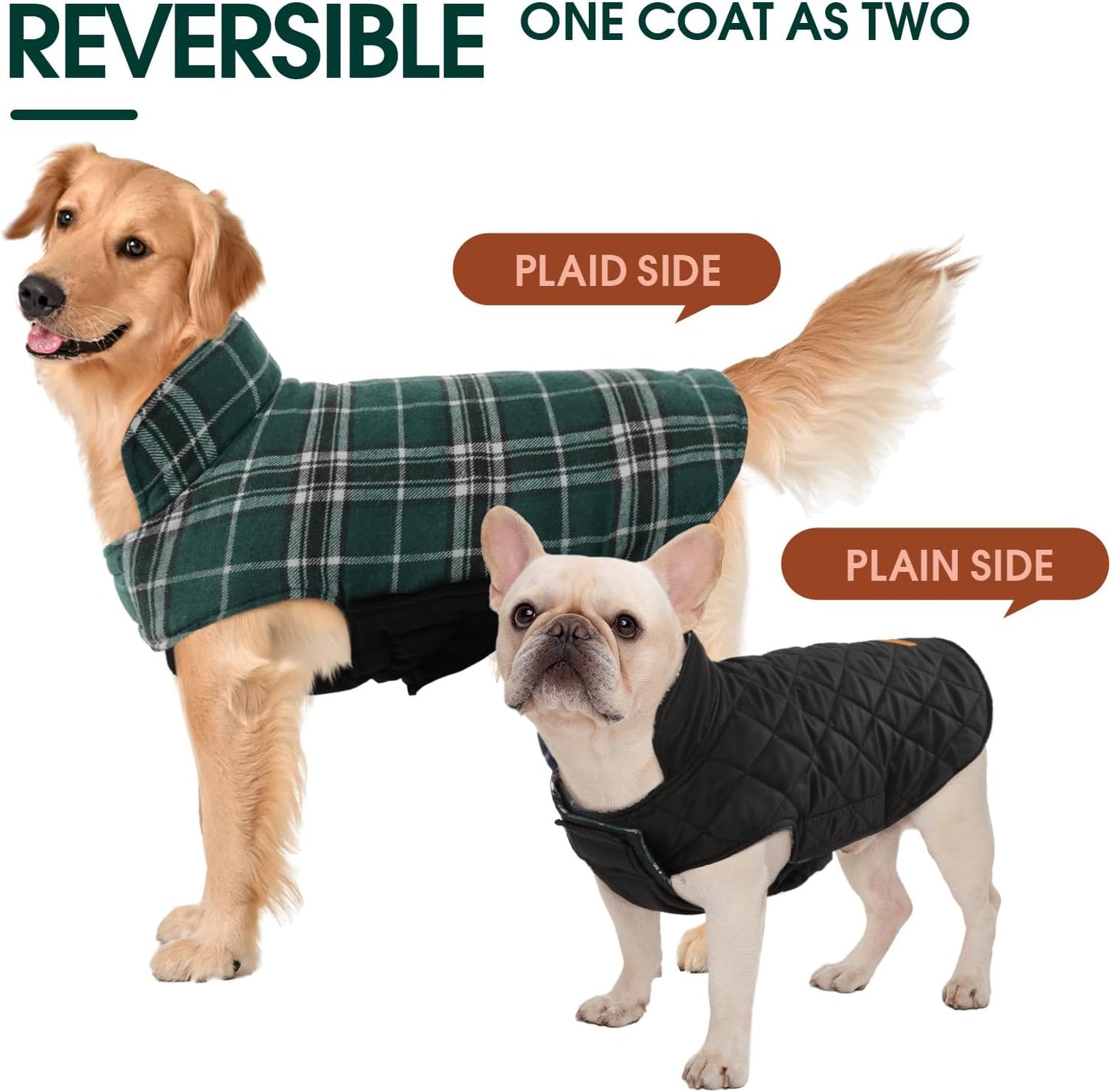 Kuoser Waterproof Dog Coat, Reversible Dog Jacket for Large Dogs, Adjustable Durable Doggie Winter Coat for Groowing Puppies Warm Puppy Cold Weather Apparel, Green L