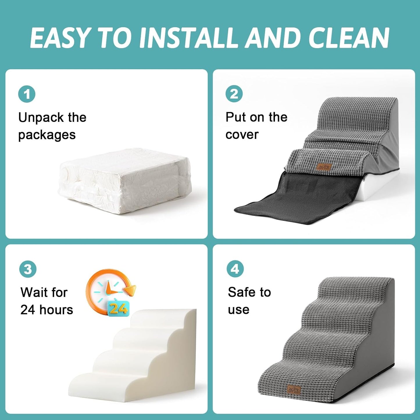 Dog Stairs for High Bed 22.6" H, Small Dog Step for Puppy, Older or Cat, Curved Ramp for Car, Ladder with High Density Foam, Lightweight, Durable, 15.7x33x22.6 inch, 5 Step, Light Grey