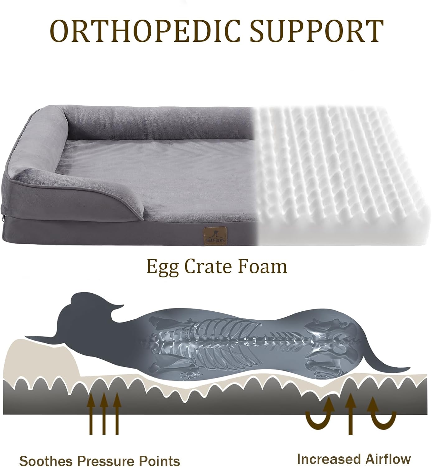 Bedfolks Orthopedic Dog Bed XXL, Waterproof Dog Sofa Bed for Giant Dogs, Egg Foam Pet Couch Bed with Removable Washable Cover and Nonslip Bottom, Dark Grey