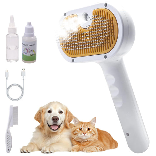 Pet Steam Brush for Dogs and Cats - 4-in-1 Spray Detangling Comb - Steam Detangling and Grooming - Water Brush for Long and Short Haired Pets - Includes Waterless Shampoo and Comb