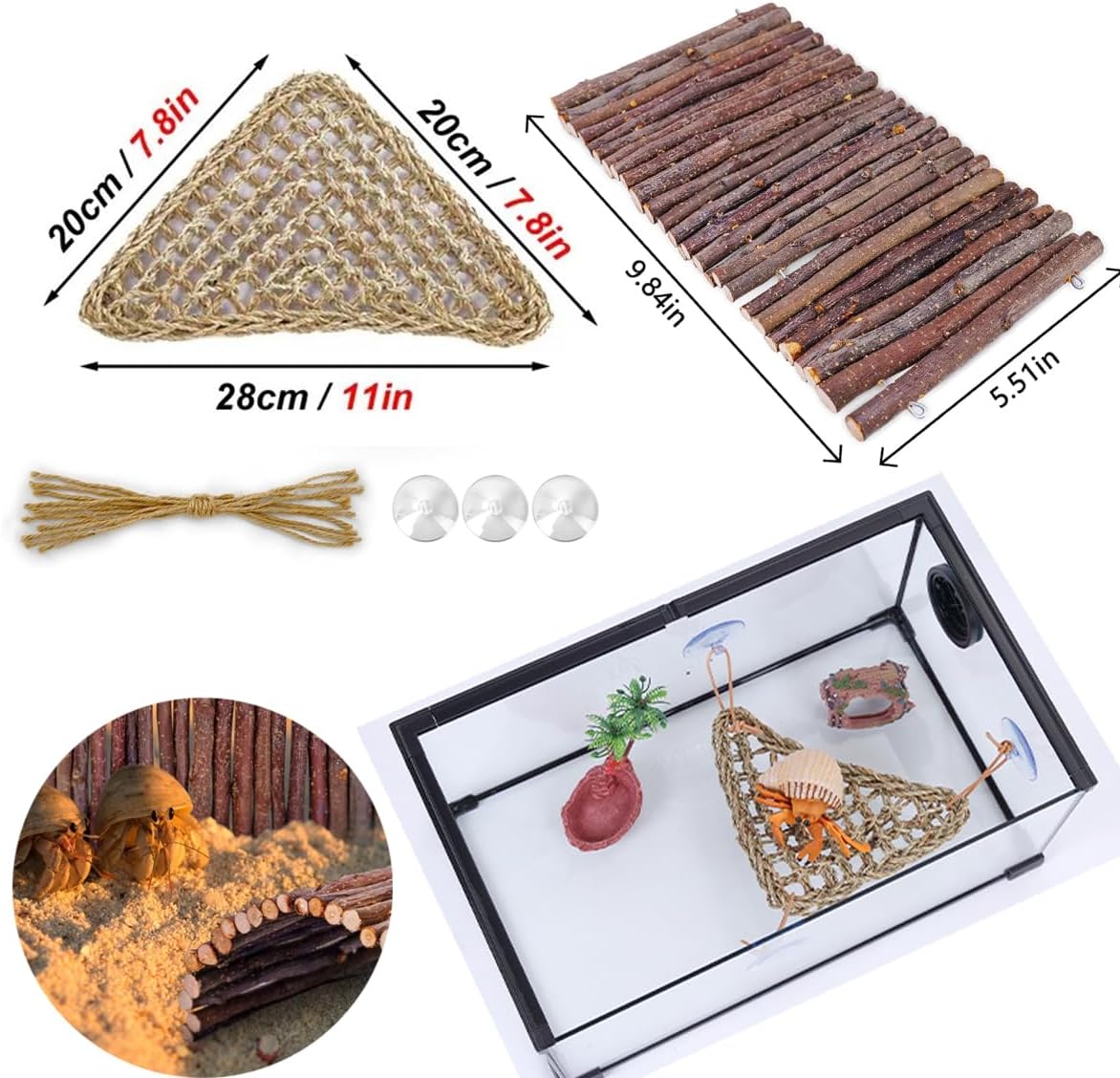 Bearded Dragon Tank Accessories Set: Reptile Habitat Decor with Climbing Hammock Toys, Natural Wood Hideout for Hermit Crab, Lizard, Leopard Gecko,Crested,Tortoise, Snake
