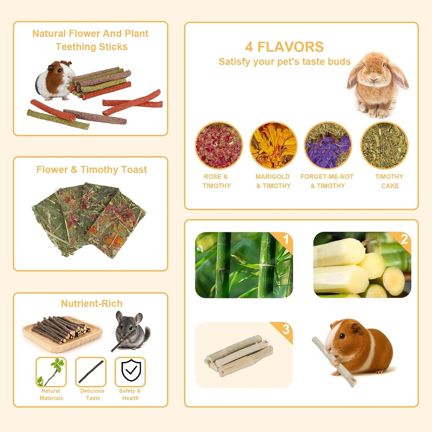 65PCS Rabbit Bunny Guinea Pig Chew Toys Treats, Chinchilla Hamster Chews Toys for Teeth, Timothy Hay Chips Treats Sticks for Rabbit Guinea Pig Chinchilla Hamster Rat