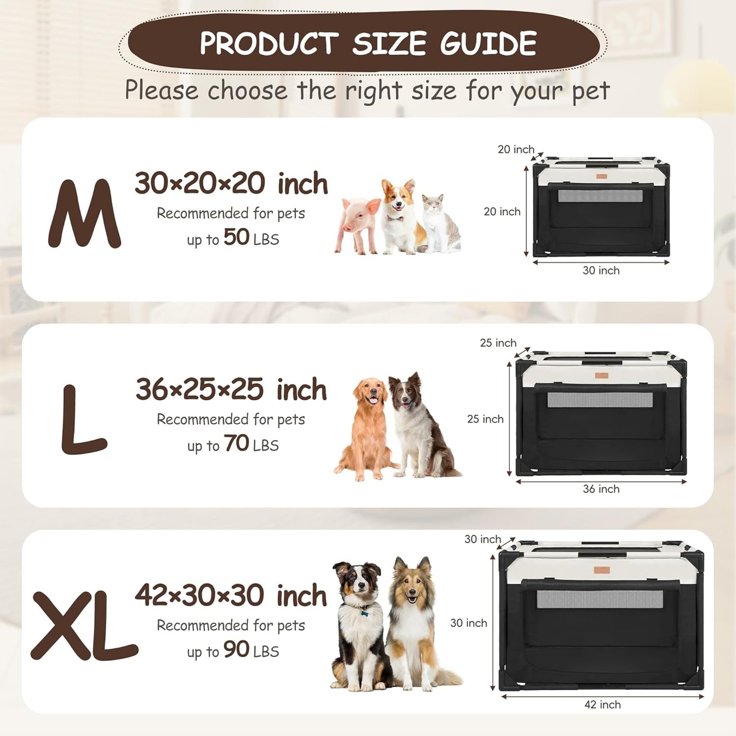 Dog Crate - Soft Pet Kennel for Dogs/Cats, 3-Door Breathable Travel Cage with Mesh Window, Portable Dog Kennel for Indoor & Outdoor，Black-M