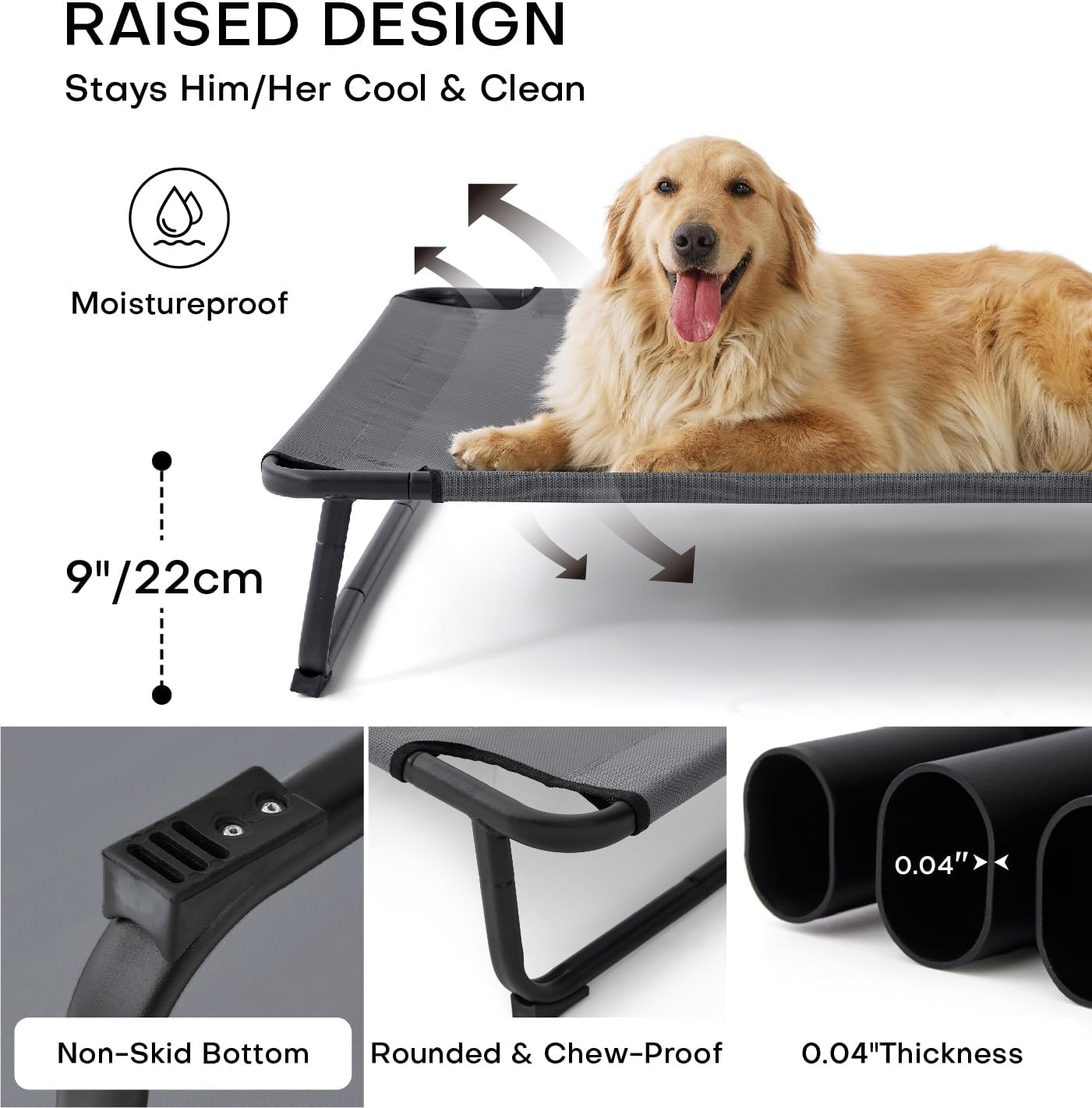 Made4Pets Elevated Outdoor Dog Bed for Extral Large Dogs – Heavy-Duty Raised Cot with Breathable Cooling Mesh, No-Slip Feet, Chew-Resistant Frame, Indoor & Outdoor Pet Hammock, 49"x32", Gray