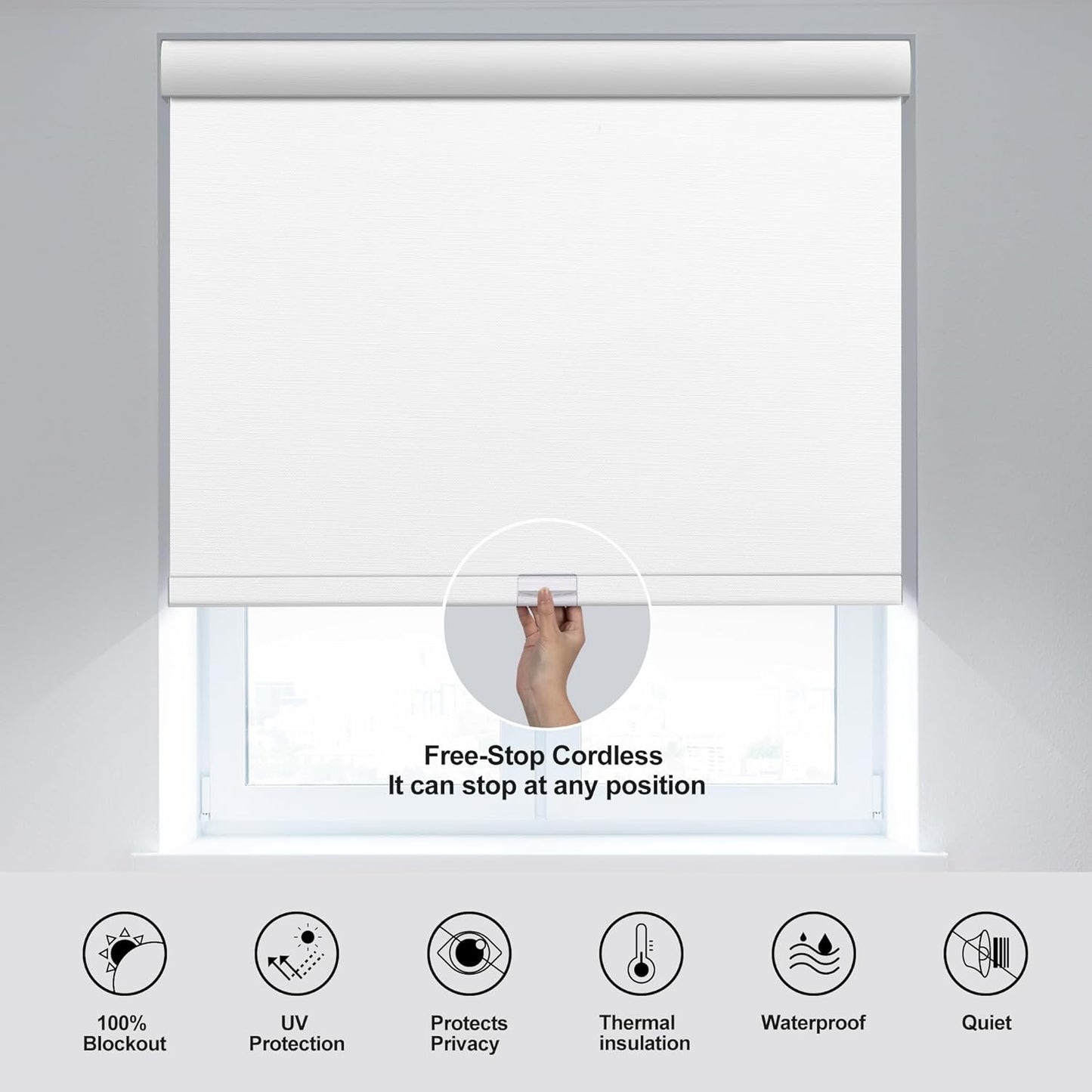 Boolegon Blackout Roller Shades for Windows,Cordless,Roller Blinds for Windows,Thermal Insulated Fabric UV Protection,Window Blinds Shades for Home,Office,Bedroom,Door,Blackout-Pure White,Custom Now