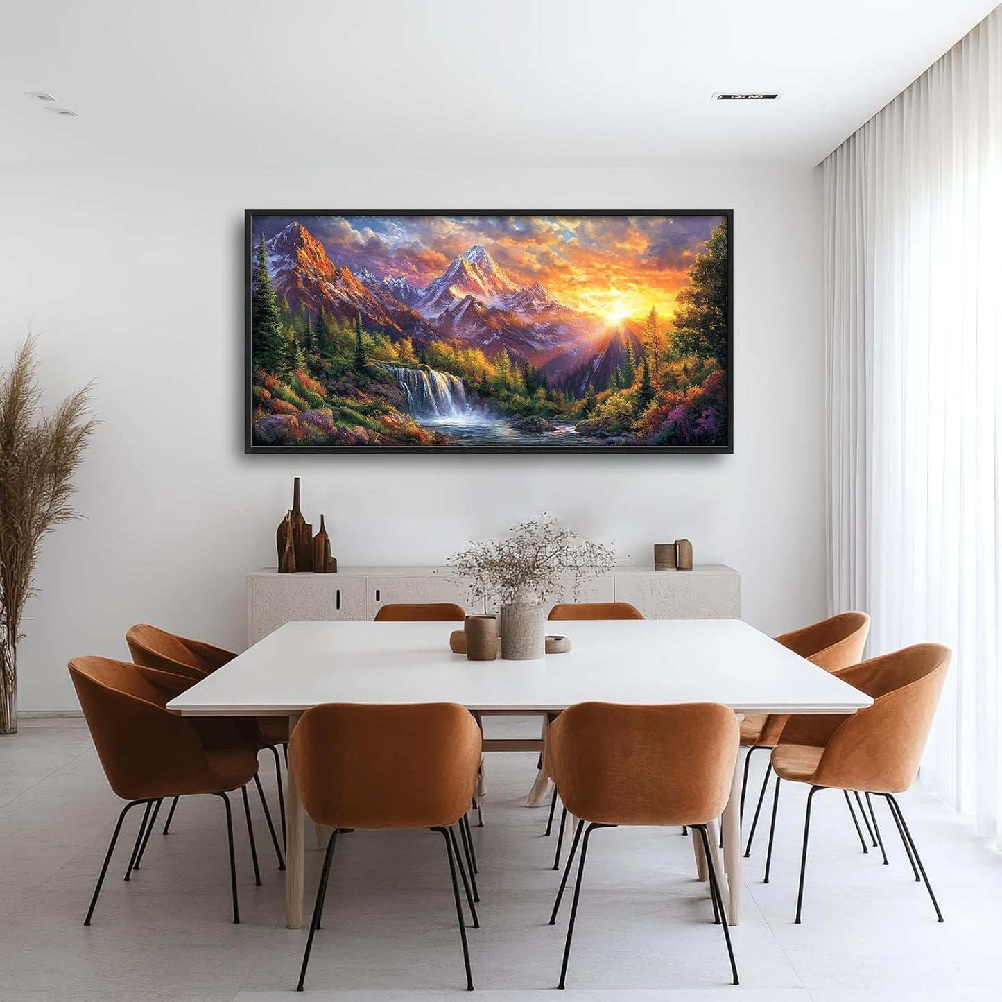 Large Mountain Tree Wall Art for Living Room, Framed Oversized Sunset Waterfall Wall Decor Nature Landscape Canvas Painting Modern Artwork for Living Room Bathroom Bedroom Office Dining Room 60"x30"