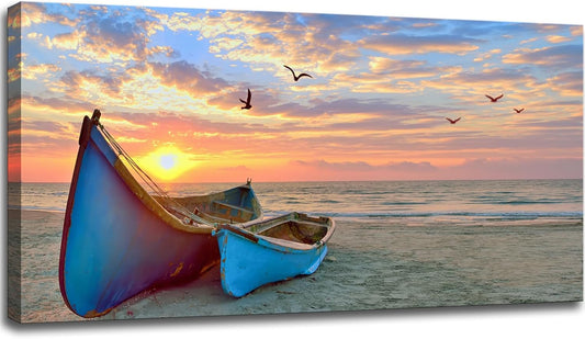 Ocean Sunset Canvas Wall Art for Living Room Sail Boat Framed Artwork Seascape Painting Coastal Pictures for Bedroom Office Wall Decoration 20x40 Inch