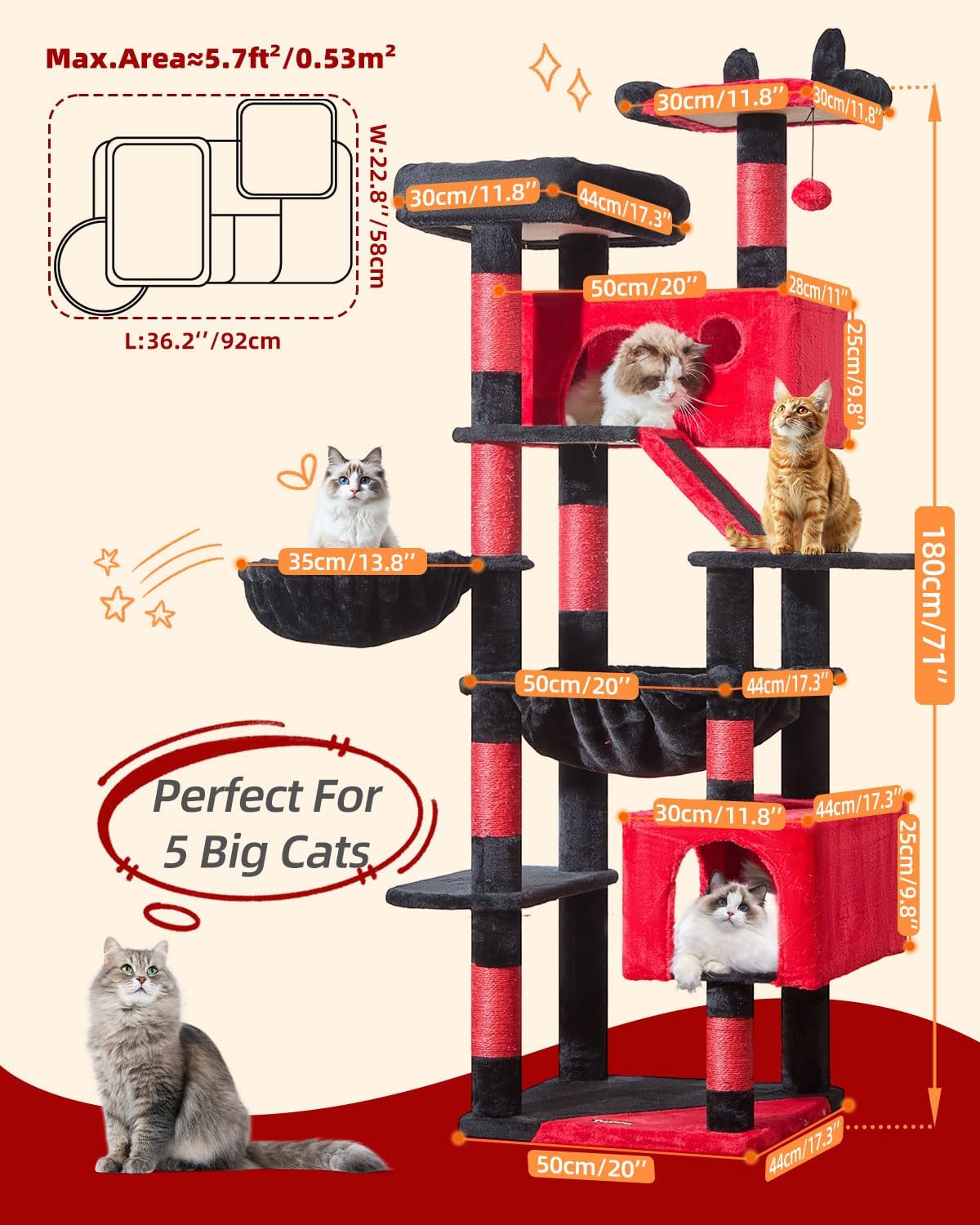 Taoqimiao Gothic Cat Tree 71-Inch, Cat Tower for Indoor Cats Large Adult, Large Cat Condo, 8 Sisal Scratching Posts, Metal Frame Cozy Hammock, Scratch Board, 2 Perches, Black and Red MS026LBR