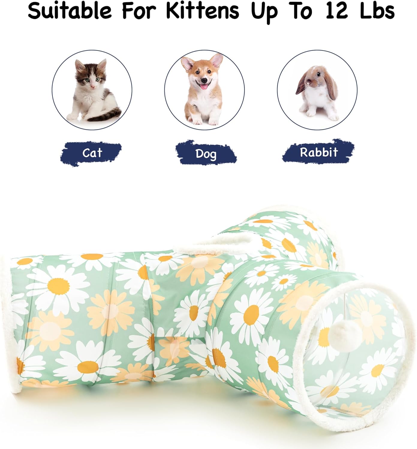 Tempcore Pet Cat Tunnel Tube Cat Toys 3 Way Collapsible, Cat Tunnels for Indoor Cats，Kitty Tunnel Bored Pet Toys Peek Hole Toy Ball Puppy, Kitty, Kitten, Rabbit Daisy Green Printed