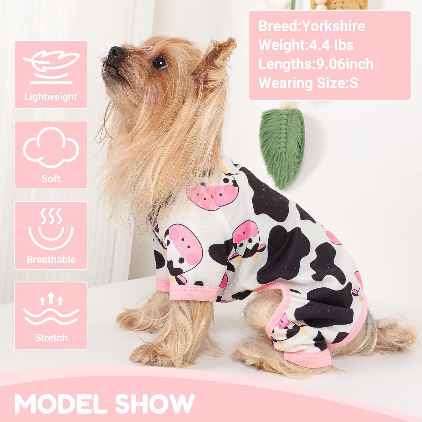Dog Pajamas Small Sized Dogs Stretchable Summer Dog Clothes Pjs 4 Legs Girl Boy Cute Soft Puppy Outfits Doggie Cat Jammies Jumpsuit Sleeper for Pet, Pink Cow, S