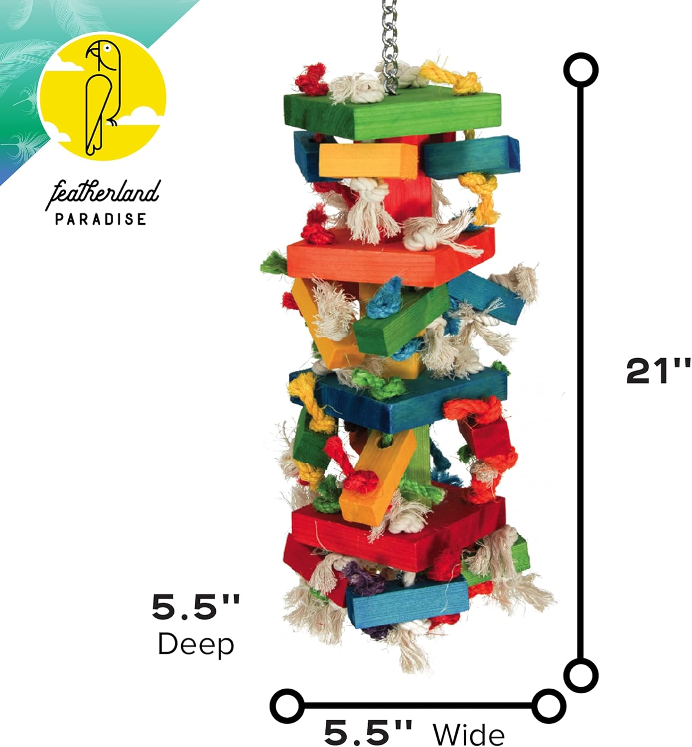 Featherland Paradise Knots N Blocks Bird Toy, Bird Toys, for Parrots, Cockatoos, Macaws, Very Large Birds and Big Beaks