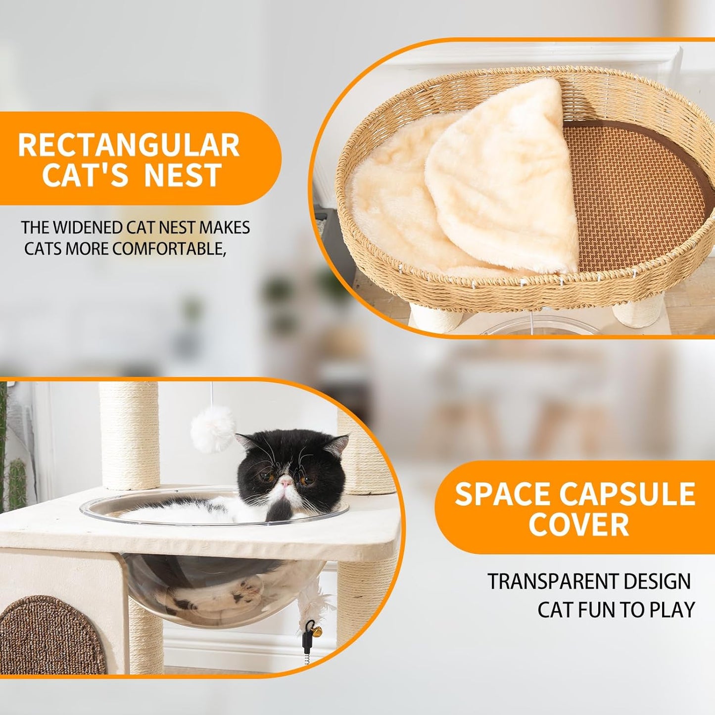 Modern Cat Tree for Indoor Cats with Sisal Rope Scratching Posts, Hand-Woven Cat Condo & Top Perch, Space Capsule Cats Nest, Cute Cat Tree with Interactive Cat Toy