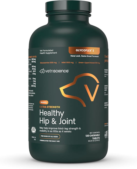 VetriScience Glycoflex 3 Clinically Proven Hip and Joint Supplement for Dogs - Maximum Strength Dog Supplement with Glucosamine, MSM, Green Lipped Mussel & DMG - 120 Chewable Tablets, Chicken Flavor