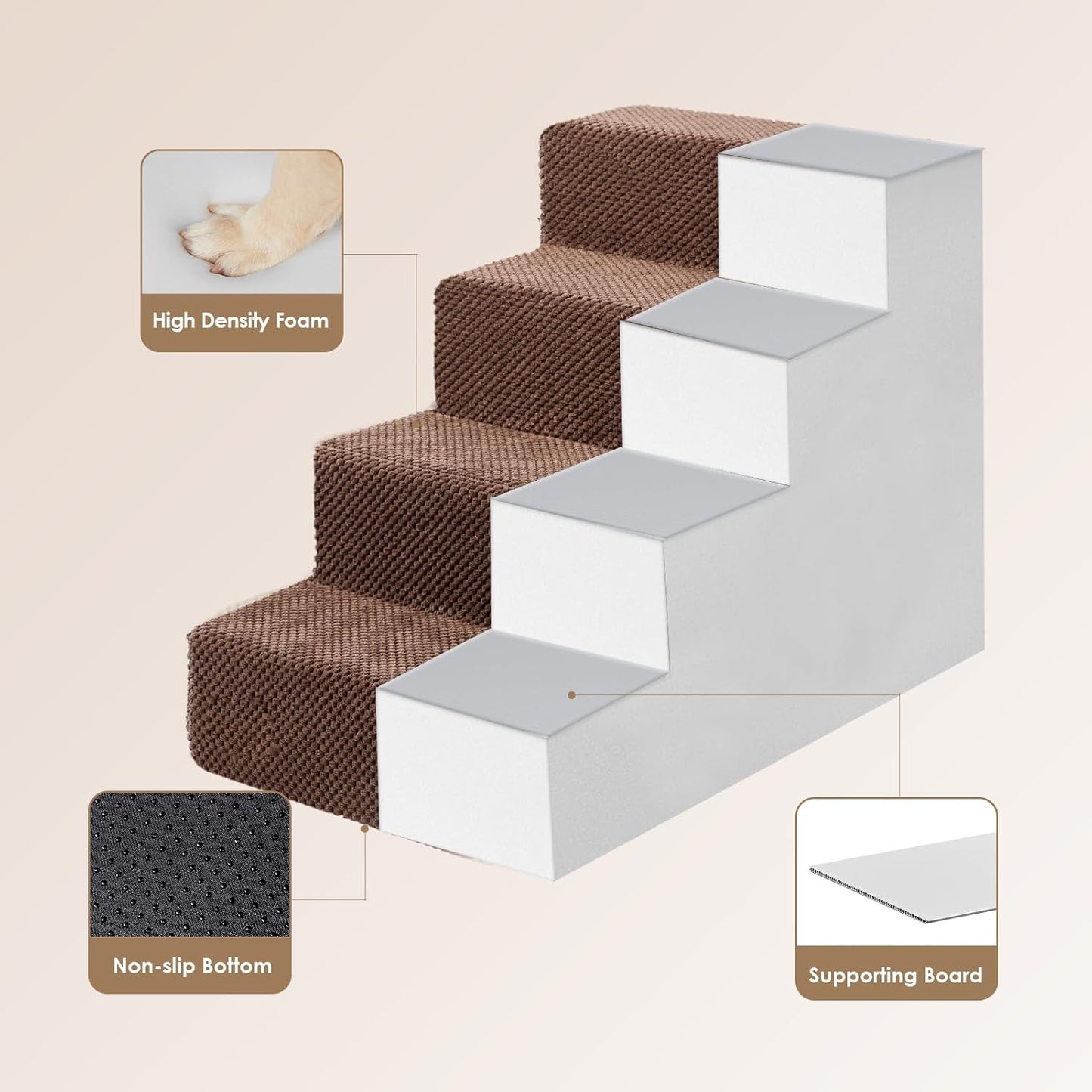 EHEYCIGA Dog Stairs for Bed 18" H, 4-Step Dog Steps for High Bed, Pet Steps for Small Dogs and Cats, Non-Slip Balanced Pet Indoor Ramp, Brown