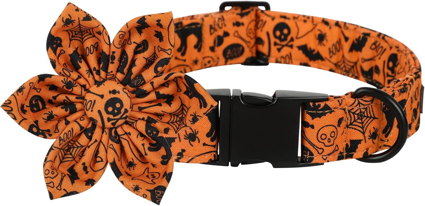 Lionet Paws Dog Collar with Flower - Cute Cotton Adjustable Flower Dog Collar with Metal Buckle for Medium Dog Girl Gift, M, Neck 13.5-22in