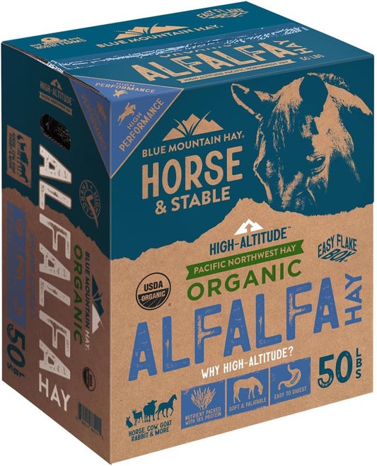Blue Mountain Hay High-Altitude Organic Alfalfa Hay, 50lb Easy Flake Box - High Protein, Fiber & Mineral-Rich - High Leaf Retention - Ideal for Horses, Goats, Rabbits, Guinea Pigs & Other Small Pets