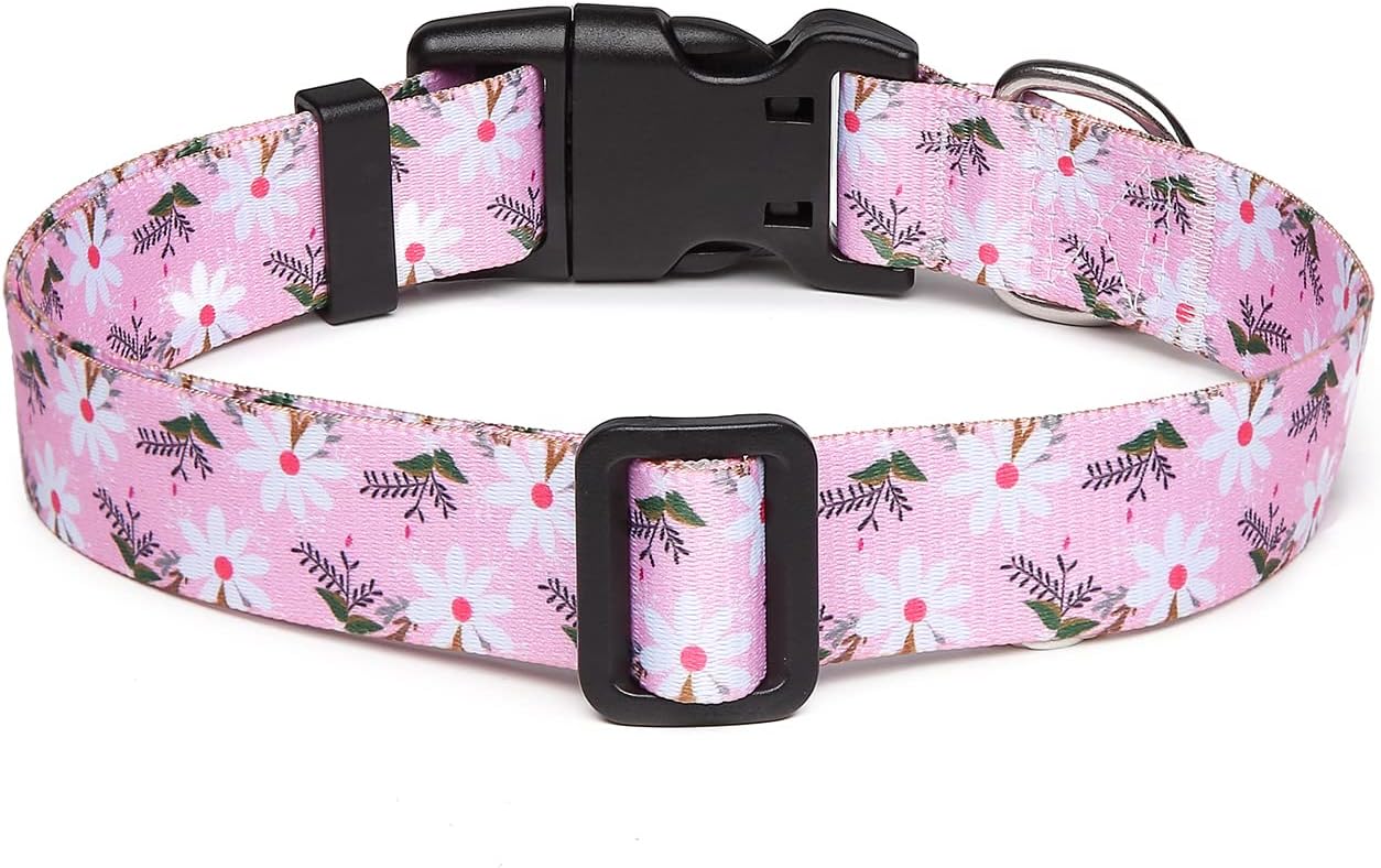 Mercano Adjustable Dog Collar - Special Design Patterns, Soft Nylon Comfortable Durable Pet Collar for Small Medium Large Dogs (S, Pink White Flower)