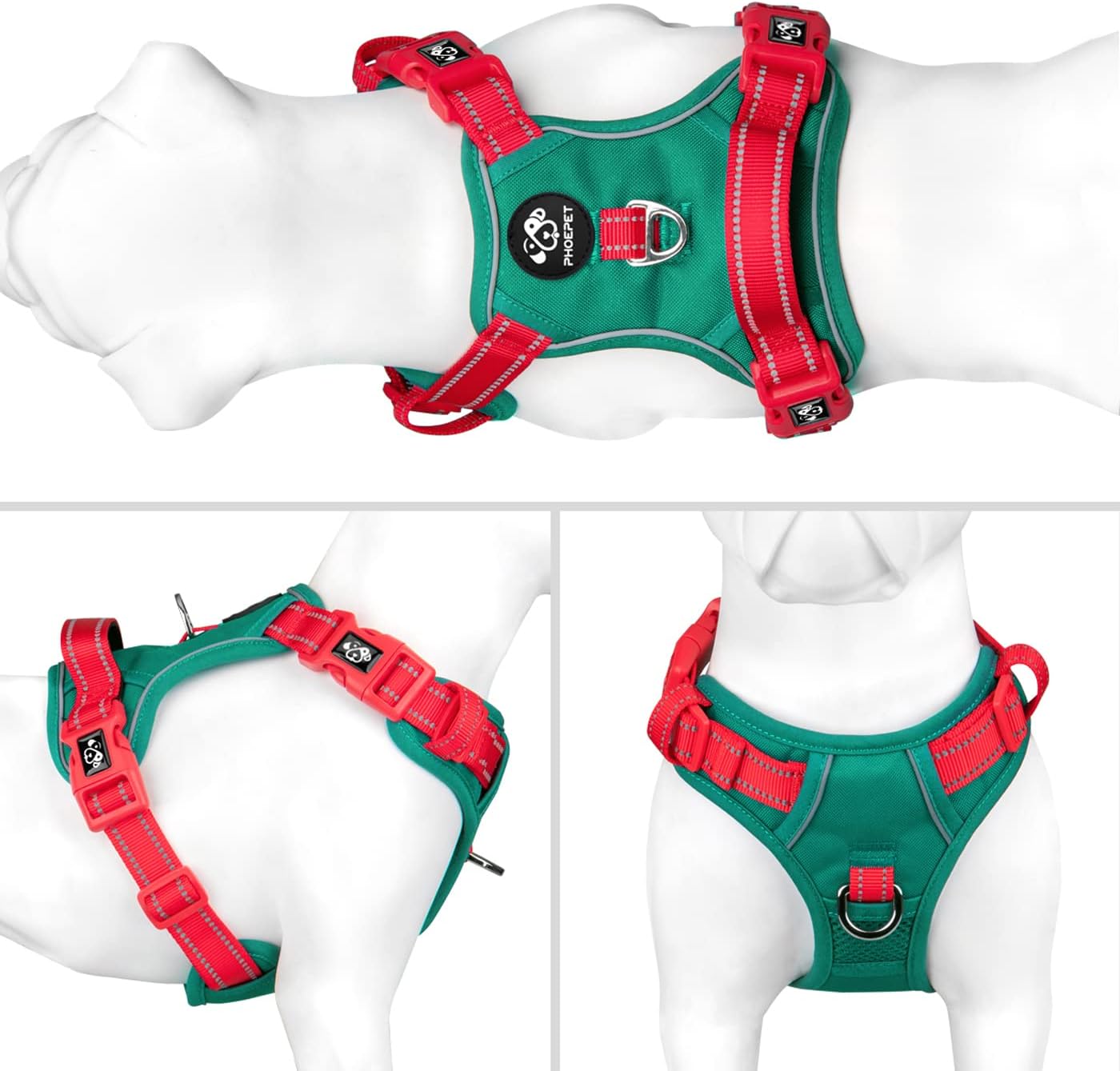 PHOEPET No Pull Dog Harness, Unique Colors Reflective Adjustable Dog Vest, with Soft Training Handle Metal Clips for Small Medium Large Dogs (Dark Green Base & Red Straps,XL)