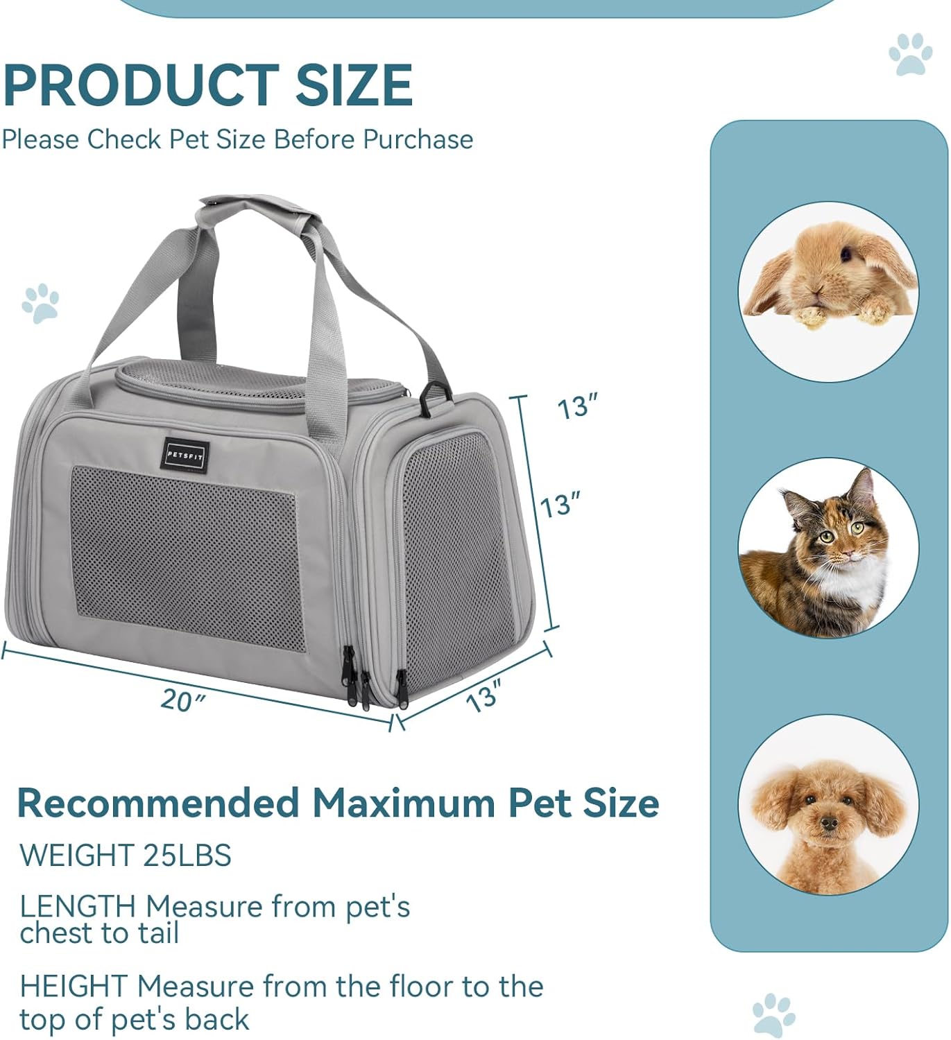 PETSFIT Dog Carrier Cat Carriers for Puppies, Medium Cats up to 25Lbs, Travel Soft Sided Pet Carrier (Large, Grey)
