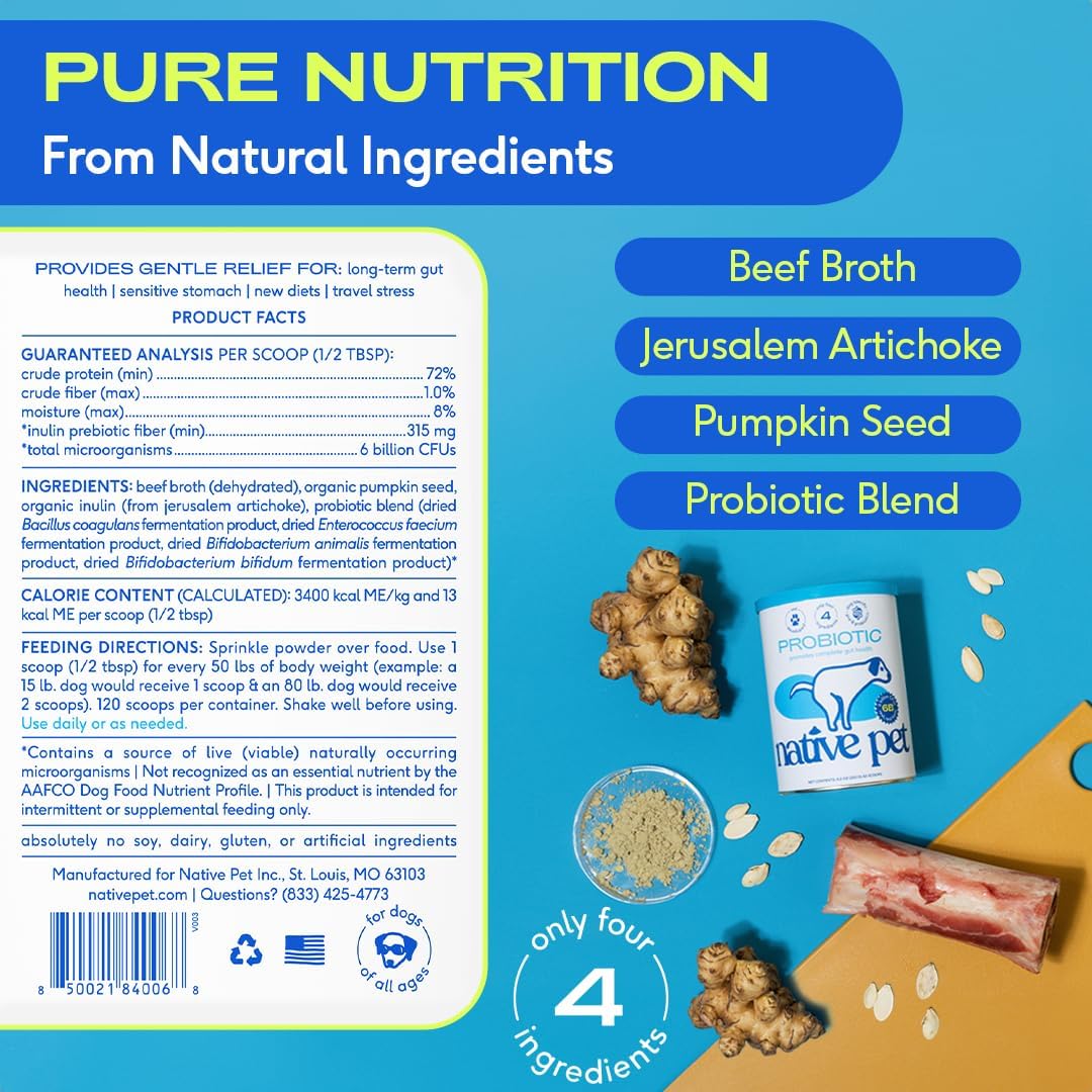 Native Pet Probiotics for Dogs - Dog Probiotics Powder for Digestive Health, Gut Support, & Immune Boost – Vet-Formulated Powder for Maximum Potency with Digestive Enzymes & Prebiotics - 30 Scoops