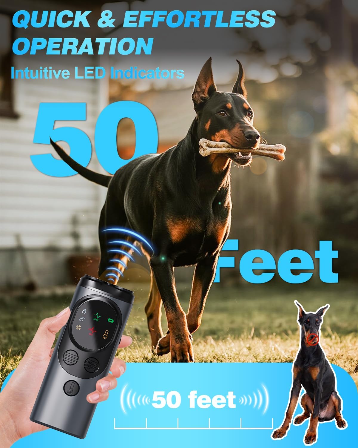 2025 Ultrasonic Dog Bark Deterrent Devices with 3 Emitters & SOS Flashlight, Humane Anti-Bark Trainer, 50FT Range, 90-Day Battery, Multi-Mode Rechargeable Dog Deterrent for Indoor & Outdoor Use