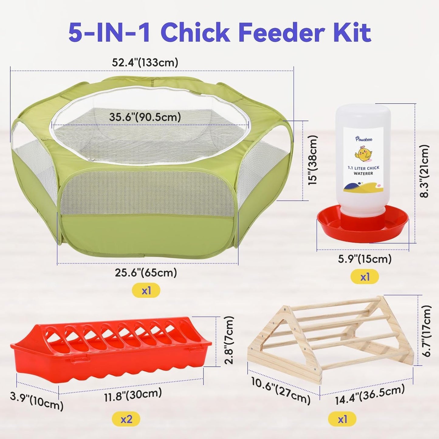 Pawaboo 5-in-1 Chicken Brooder Box for Chick Starter Kit, Includes Pet Cage Tent, Chicks Perch, Chick Feeder, 1.1L Chick Waterer, Baby Chick Supplies (Brooder Set), Green + Red + Wood Color