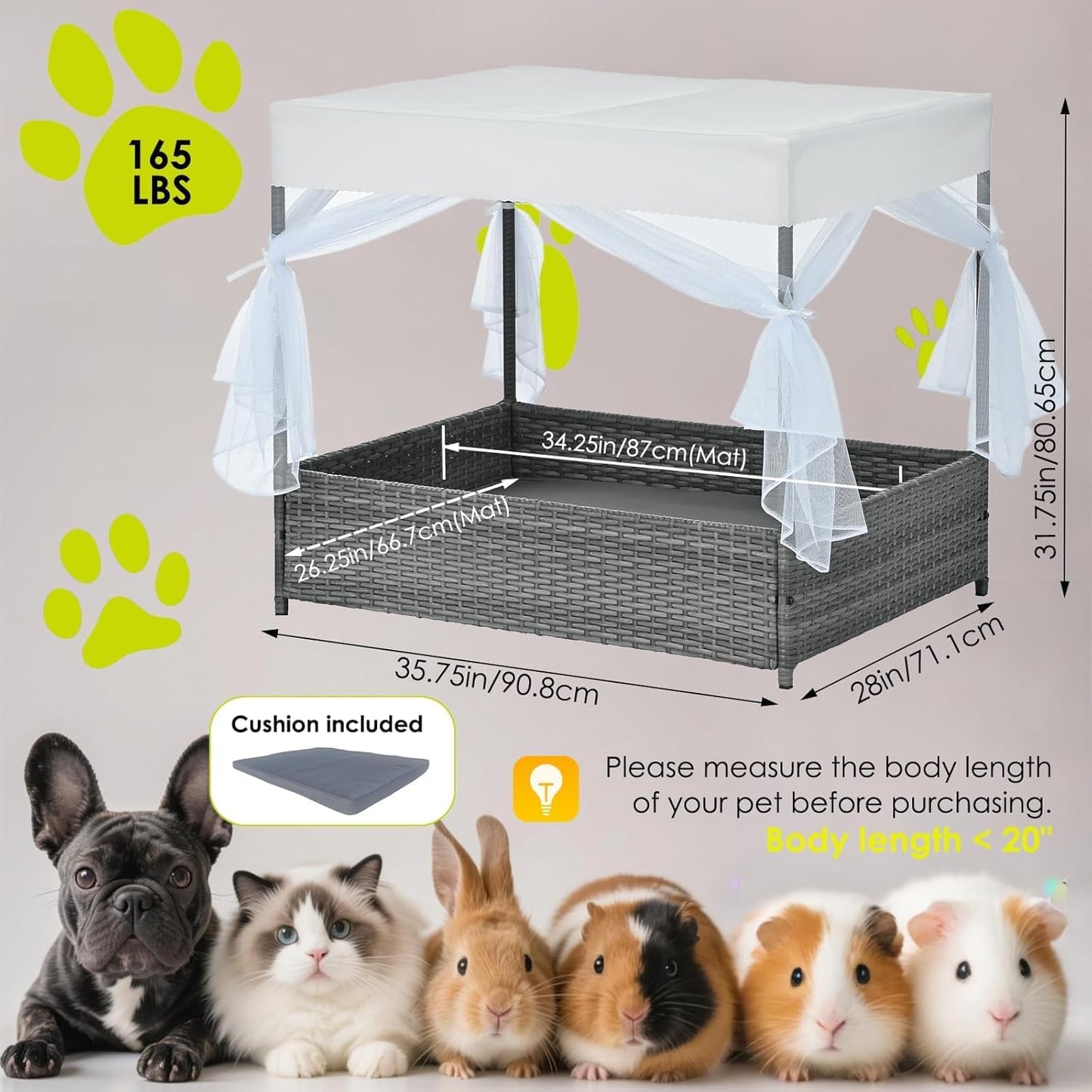 Wicker Dog House Outdoor Indoor with Canopy, Weatherproof Outside Dog Shelter Bed with Cushion, 4Sided Mesh Windows, Pet House Tent Shade for Small Medium Dogs, Rattan Dog Cot for Patio Yard Gray