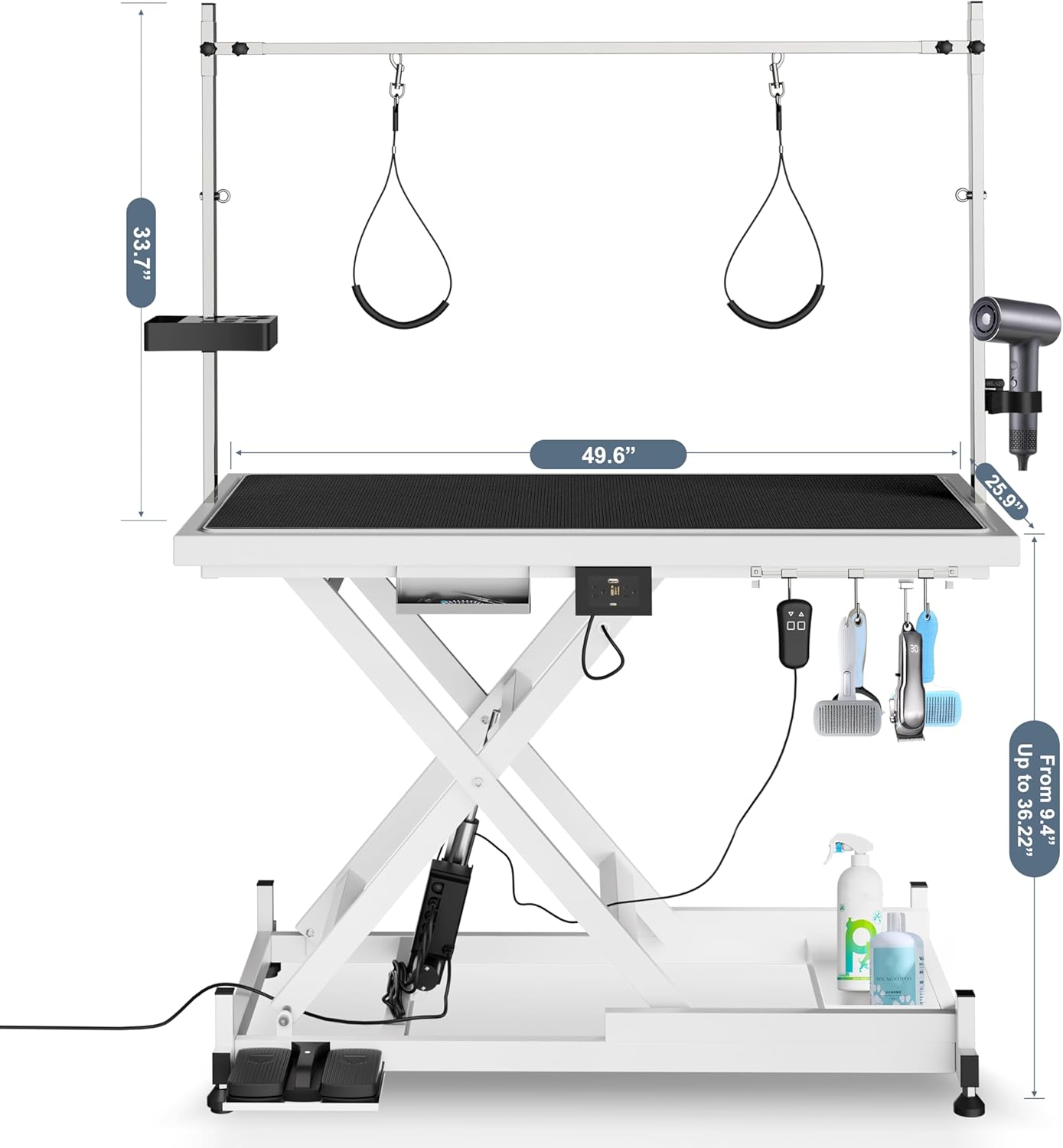 Heavy Duty Electric Lifting Pet Dog Grooming Table for Large Dogs with Overhead Arm, Anti-Skid Rubber Desktop and Powerful Motor, 50'' / White