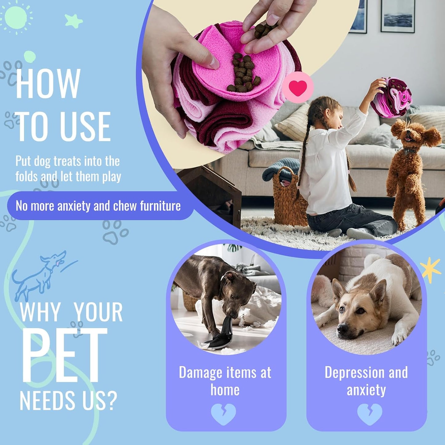 Pet Snuffle Ball, Puzzle Sniffing Interactive Dog Ball for Blind Dogs Training Stress Relief Dog Enrichment Toys Treat Machine Washable (Fantasy Pink, 10cm)