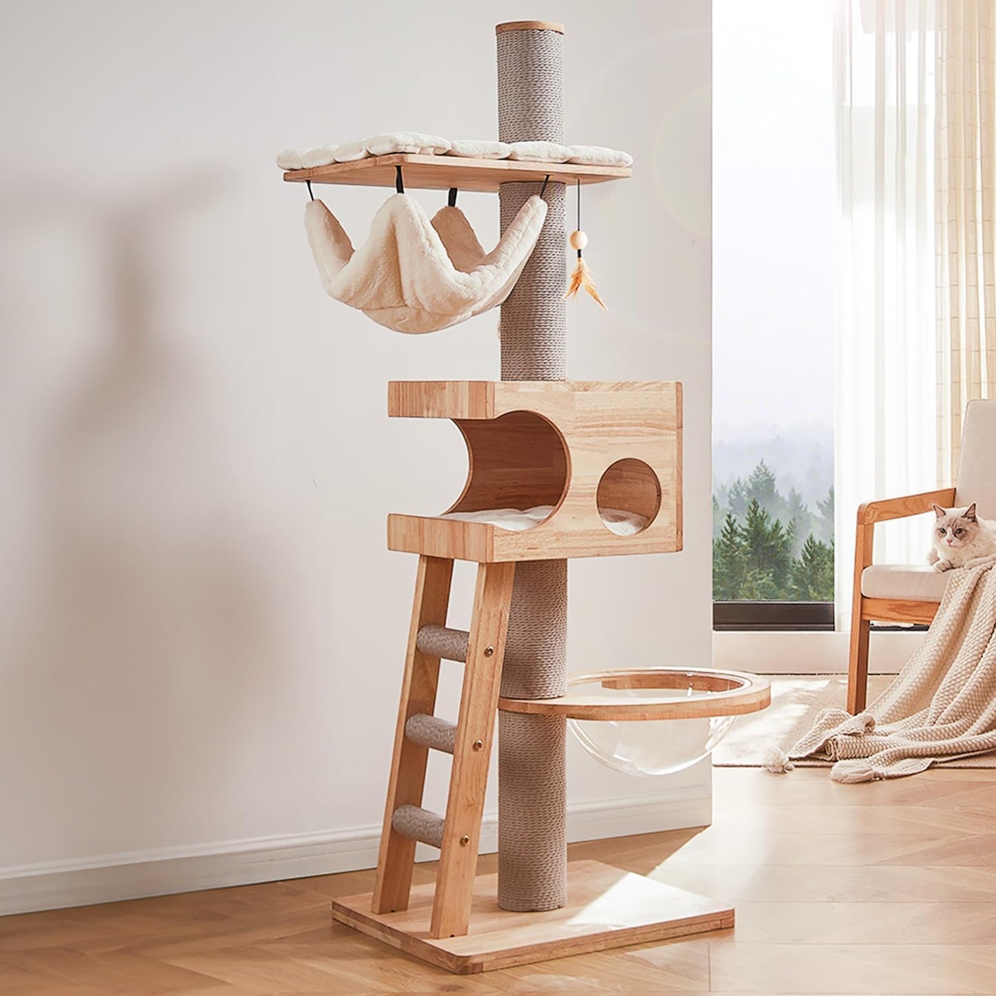 63-inch Modern Cat Tree, Luxury Cat Tower with Scratching Post, Unique Cat Condo with Hammock, Heavy Duty Kitty Climbing Tree for Indoor Cat, Wooden Kitty House for Small Medium Large Cats