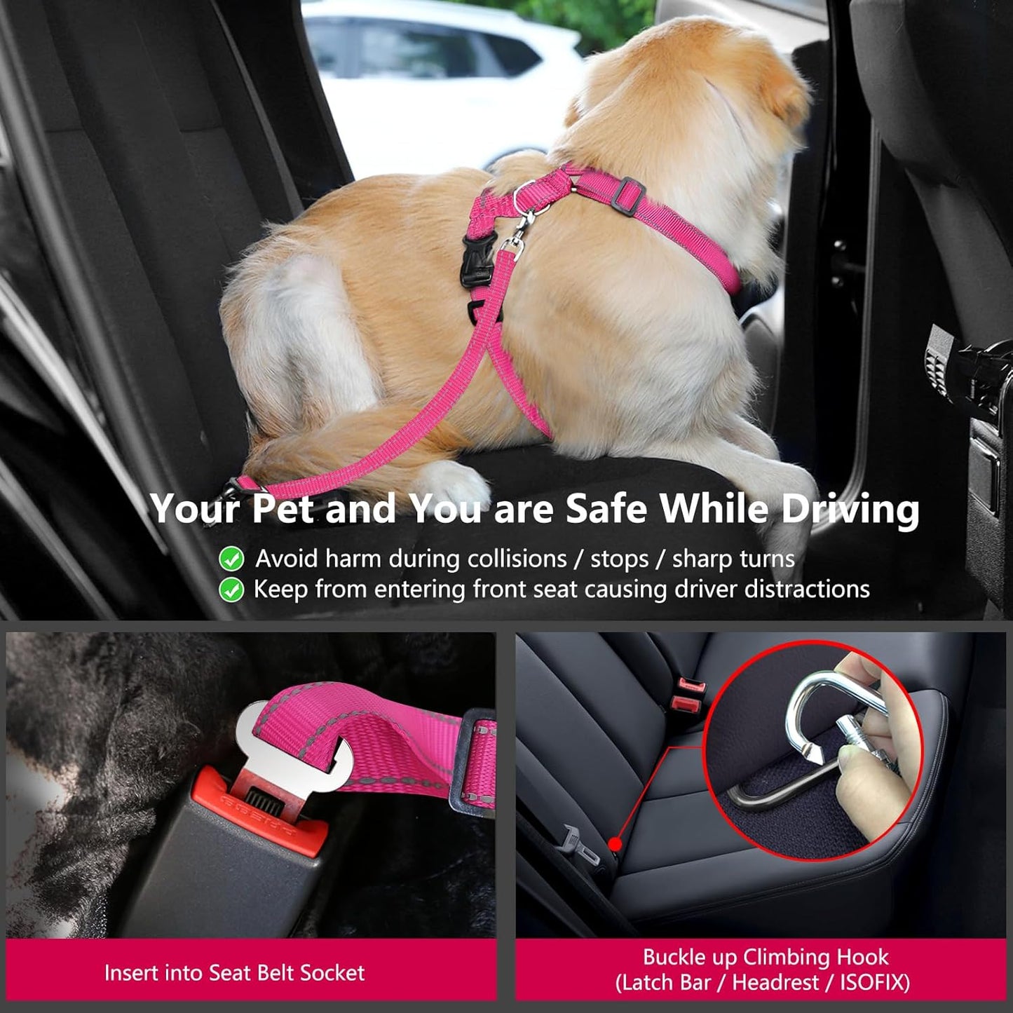 Dog Seat Belt Harness for Car, Dog Car Harness Adjustable Mesh Breathable & Dog Seatbelt Safety Tether with Elastic Bungee for Small Medium Large Pets(Rose, XL)
