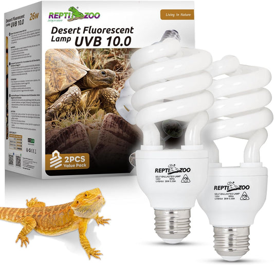 REPTI ZOO UVB Light for Desert Reptile 2 Pack, 10.0 26W UVA UVB Reptile Light Bulb, UVB Spiral Compact Lamp for Bearded Dragons Tortoises Lizards Snakes