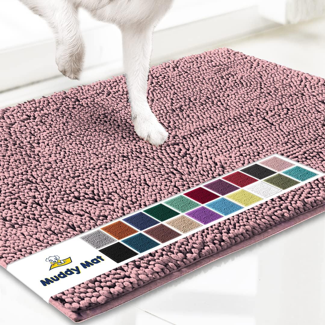 Muddy Mat® Original Dog Door Mat for Muddy Paws, Super Absorbent Microfiber, Non-Slip Washable Pet Rug, Quick Dry Chenille Entryway Carpet, Machine Washable Indoor Outdoor mat, Pink 18"x28"