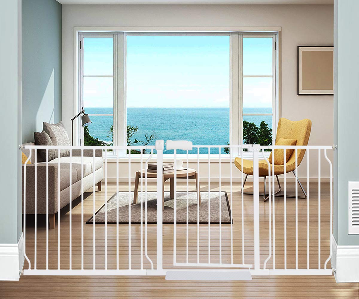ALLAIBB Extra Wide Pressure Mounted Baby Gate Walk Through Child Kids Safety Toddler Tension White Long Large Pet Dog Gates with Extension for doorways Kitchen and Living Room (71.65-76.38"/182-194cm)